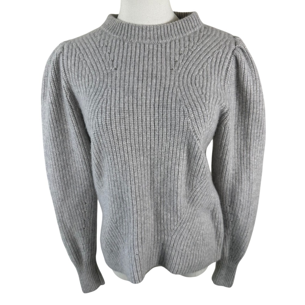 Design History Cashmere Sweater Women M Gray Puff Sleeve Ribbed Knit Pointelle